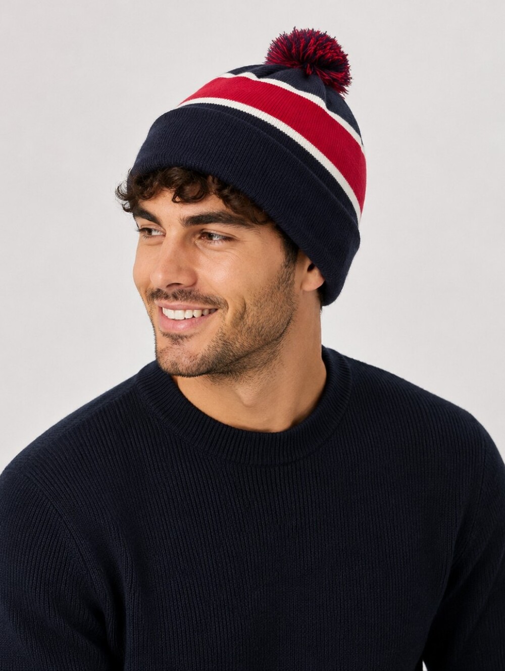 Men's Unbranded Navy Red Striped Pom Pom Beanie One Size